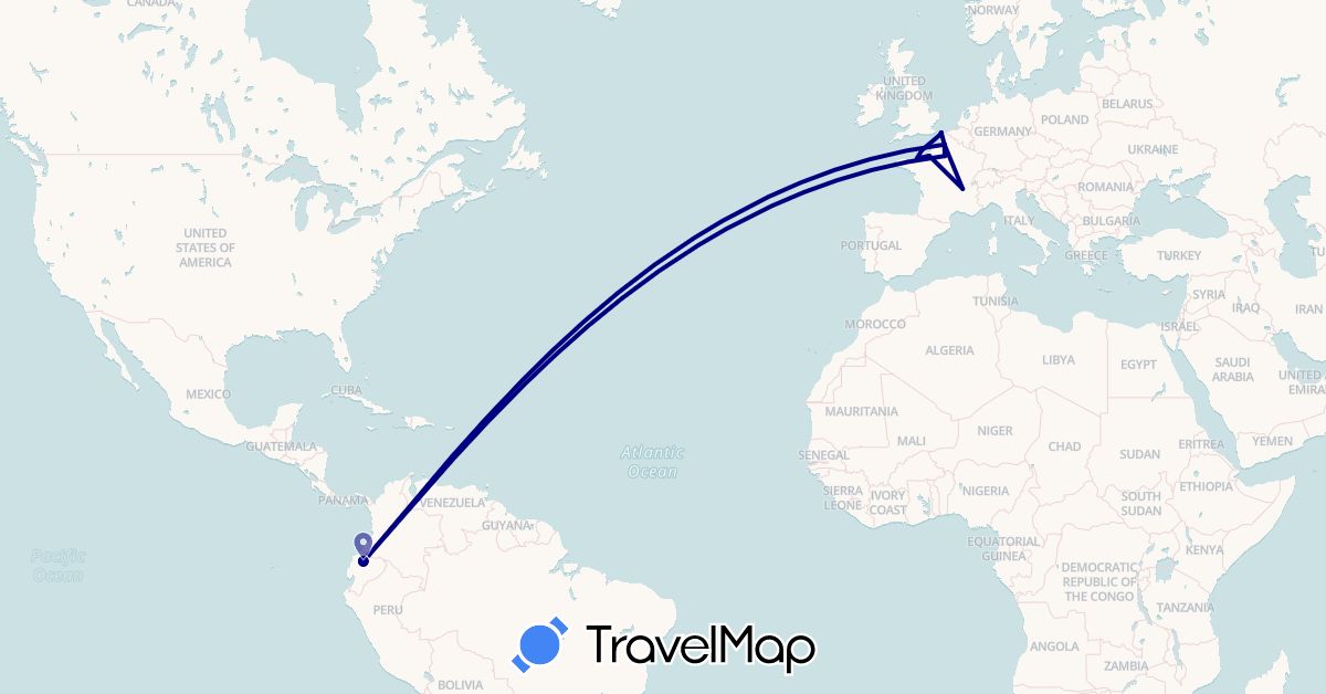 TravelMap itinerary: driving in Ecuador, France (Europe, South America)